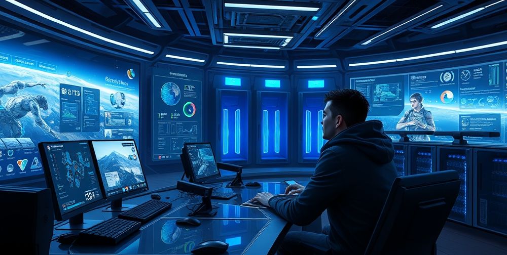A futuristic digital control center for a game, with holographic displays showing AI-generated landscapes, powerful NPC characters interacting, developers analyzing real-time data, and clusters of servers glowing blue.