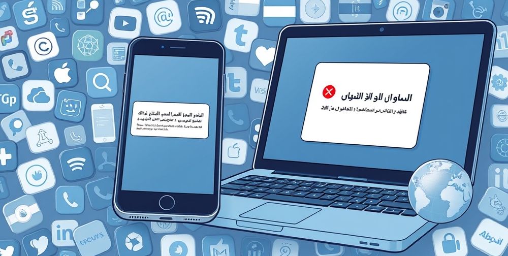 An illustrated closeup of a smartphone and a laptop displaying error messages in Persian, with a digital gift card code and globe-shaped icons highlighting regional restrictions. A backdrop of both Iranian and international app logos.