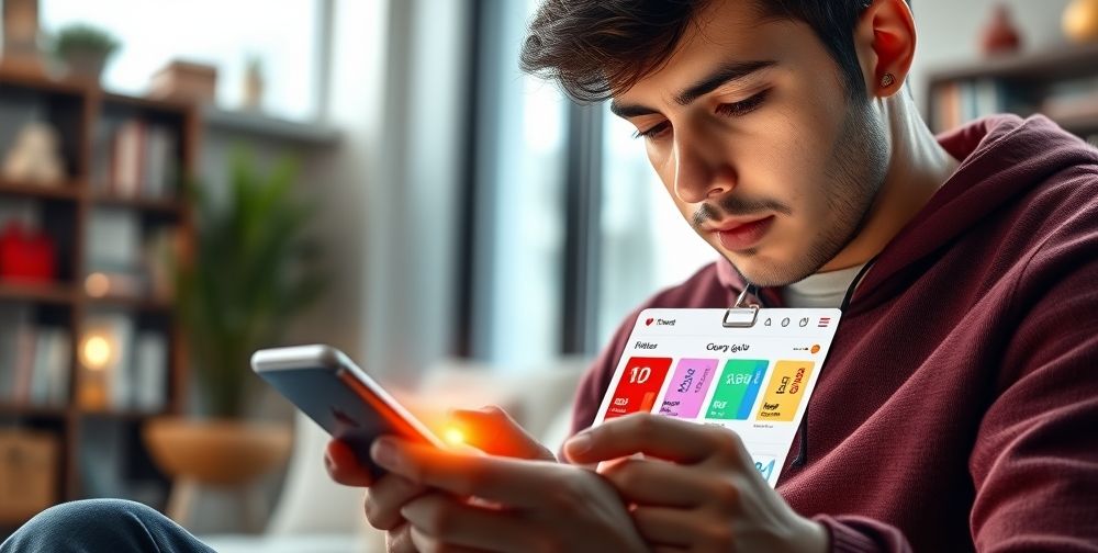 A realistic depiction of an Iranian young adult reading reviews on a Persian shopping website before purchasing a digital gift card, with their smartphone highlighting a trust symbol and comparison charts on the screen.