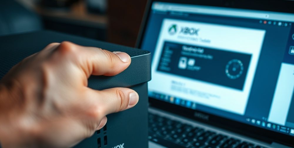A close-up view of a hand holding a USB flash drive, inserting it into an Xbox console, with a laptop displaying the Xbox OSU1 update page and a troubleshooting toolbox beside, suggesting a DIY repair process.