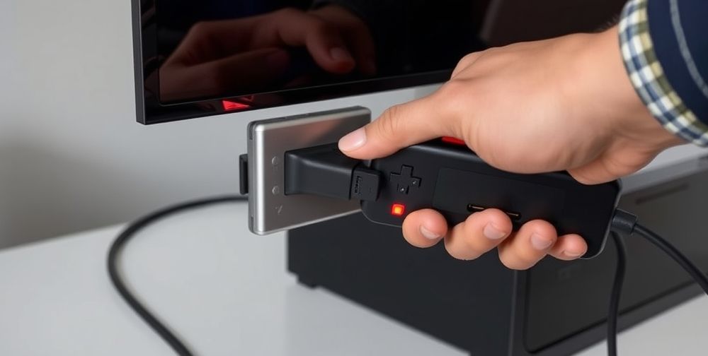 A close-up showing hands plugging a genuine Nintendo Switch HDMI cable into a TV, with console lights indicating a successful connection, in a tidy, tech-savvy workspace.
