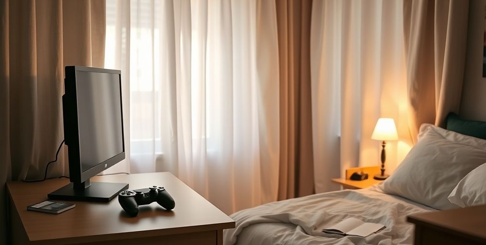 A cozy teenage bedroom with muted lighting and thick curtains, a gaming controller placed sensibly on a desk beside a turned-off monitor, and a sleep journal on the nightstand, visually illustrating balance between technology use and restful environment.