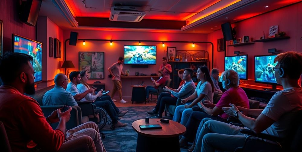 A cozy gaming lounge scene where diverse players of all ages and abilities are enjoying games using adaptive UI features, customizable controls, and assistive technology, showing inclusive user experience.