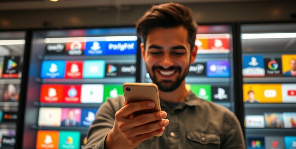 A Persian-speaking user happily receives a digital gift card code by email on a smartphone. In the background, there are vibrant digital shelves displaying popular brand gift cards like Google Play, Apple, and PlayStation, glowing softly.