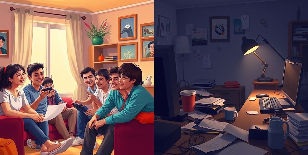 A split-screen illustration: on one side, a joyful Iranian youth playing video games with friends in a well-lit room; on the other, a solitary figure playing late at night with dark circles under their eyes and a messy desk, emphasizing the contrast between balanced and unbalanced lifestyles.