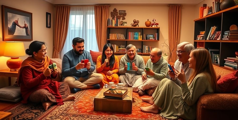 A cozy Persian home where a family sits together in their living room, each holding Joy-Cons and laughing as they compete in a lively Nintendo Switch party game; soft traditional Persian patterns blend with modern entertainment gadgets and shelves filled with classic video game cartridges.