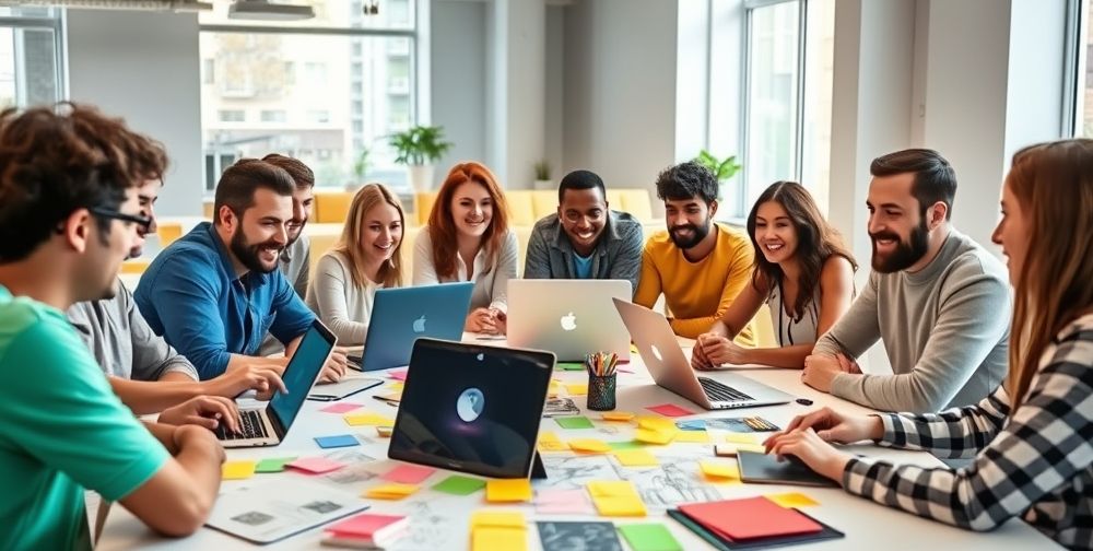 A diverse game development team during a brainstorming session around a large table, with sticky notes, laptops, and sketches, reflecting creative teamwork and problem-solving, modern office setting, vivid colors and energetic expressions.