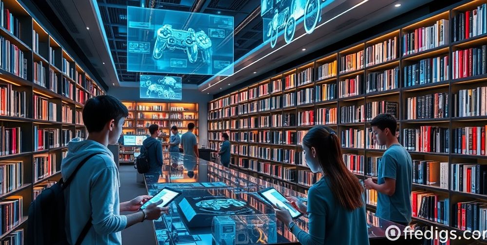A futuristic learning environment set in a digital library, with young developers interacting at touch screens, shelves of technology books, and holographic displays showcasing the latest game trends, conveying continuous self-education.