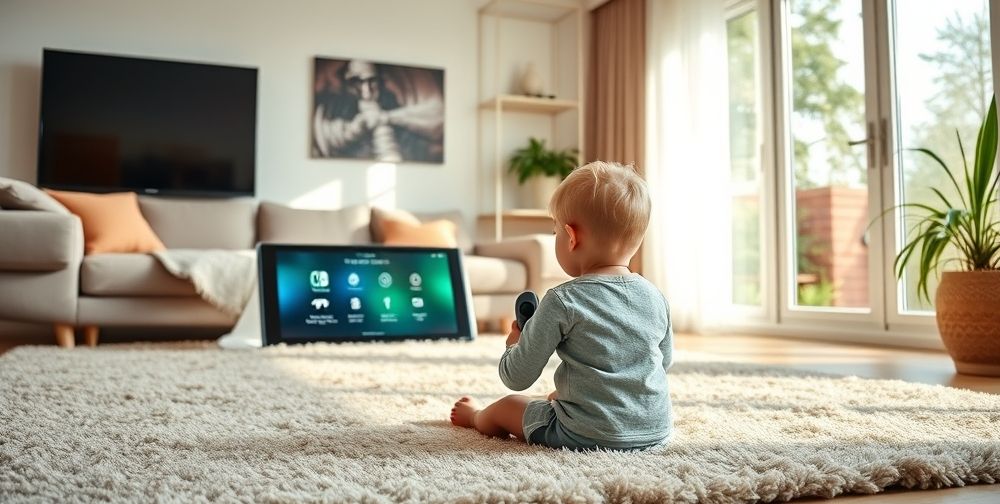 A bright modern living room where a child is sitting on a soft carpet and holding a Nintendo Switch controller, with the console display showing various settings. Natural light highlights the console.