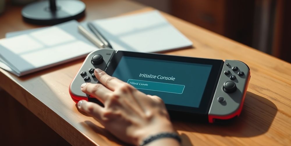 A close-up of a Nintendo Switch console placed on a wooden desk, with the settings menu on the screen, and a person’s hands about to select the “Initialize Console” option. The mood is calm and instructional.