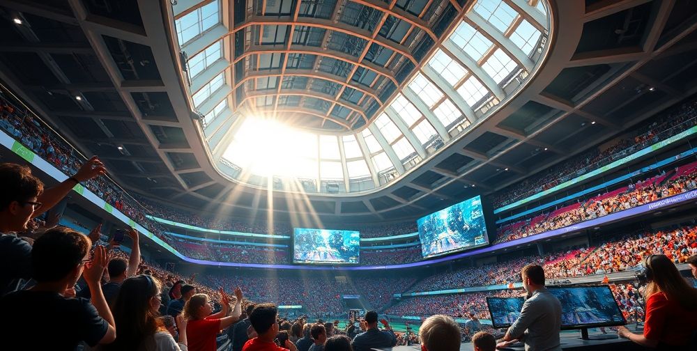 A futuristic gaming tournament arena with vocal fans, large screens showing AI-driven game battles, developers analyzing real-time player feedback, and sunlight streaming through high windows.