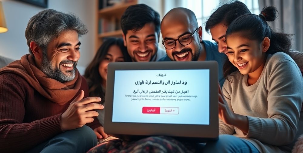 An Iranian family gathered around a laptop, excitedly redeeming a digital gift card for a streaming service, with clear visibility of Persian language on-screen instructions, capturing a relatable, safe online shopping experience.