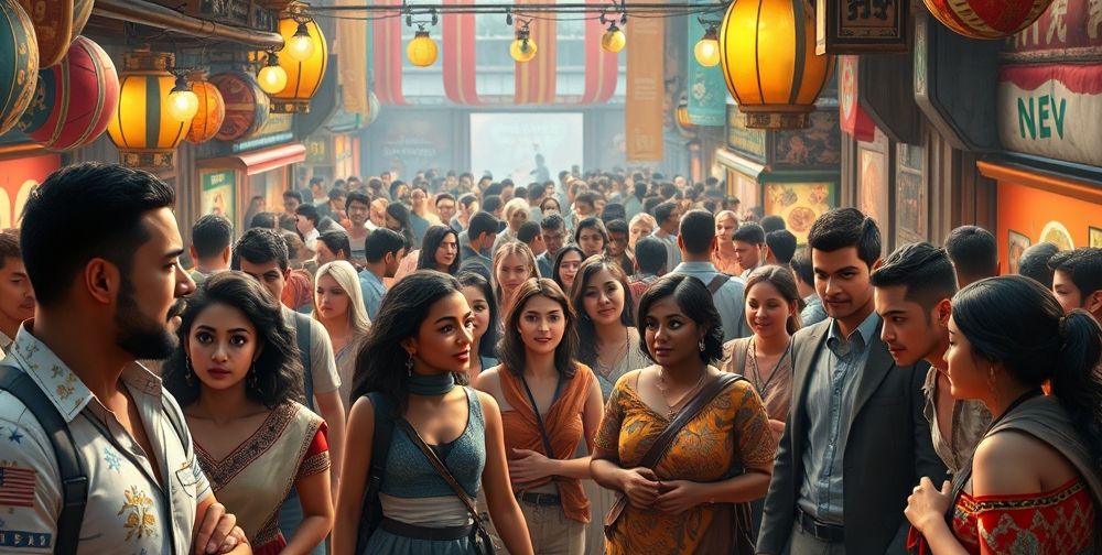 A detailed in-game scene of a diverse group of NPC characters engaging in lifelike, AI-driven conversations with a player avatar in a vibrant hub world, showcasing rich emotional expressions and social dynamics.