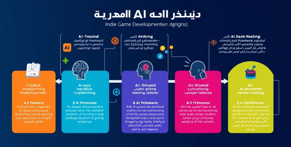 A visually engaging step-by-step infographic in Persian, showing the AI-powered indie game development pipeline: from initial brainstorming, creating story scripts using AI, generating art assets with neural networks, to AI-based testing and player feedback analysis.