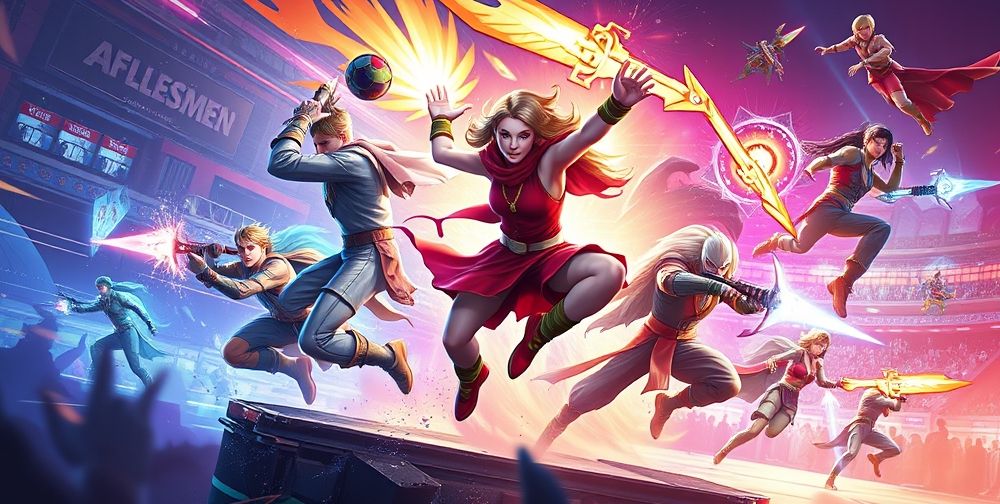 A dynamic digital collage showing iconic mobile action game characters in vivid combat—soldiers leaping, heroes wielding glowing weapons, and colorful arenas themed for eSports competition.