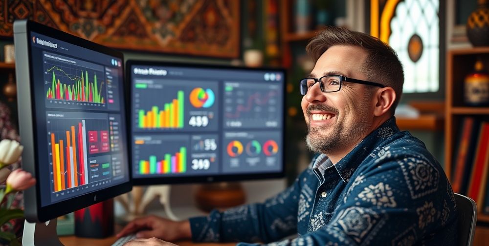 Close-up on a small shop owner at his computer, reviewing colorful digital gift card sales dashboards and customer analytics, with a creative workplace and Persian touches around. Charts, joyful expressions, and digital convenience highlighted.