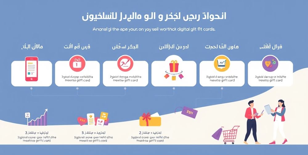 A modern, stylish infographic in Persian showing the step-by-step process for small businesses to set up, sell, and track digital gift cards. Include icons for smartphones, statistics, shopping baskets, and cheerful customers.