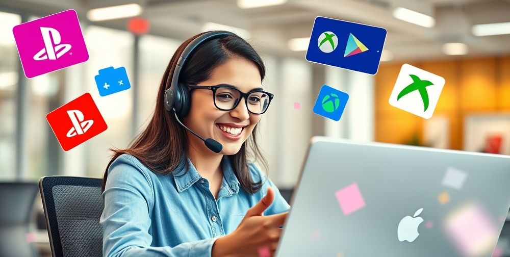 A friendly Persian customer service agent wearing a headset, chatting on screen with a customer about digital gift cards, surrounded by icons of PSN, Xbox, Google Play, and App Store in a bright, technology-themed office.