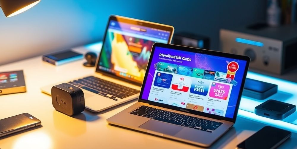 A laptop and a smartphone on a well-lit desk displaying a digital store with different international gift card options, showing purchase and redeem steps side by side, surrounded by tech gadgets.