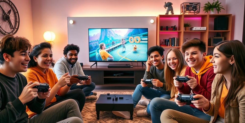 A lively living room where a group of diverse teenagers with excited faces is gathered, holding modern PlayStation controllers, deeply involved in a cooperative video game. Flat-screen TV displays a colorful action-adventure scene. Accent lighting and gaming memorabilia on the shelves highlight the youth gaming culture.