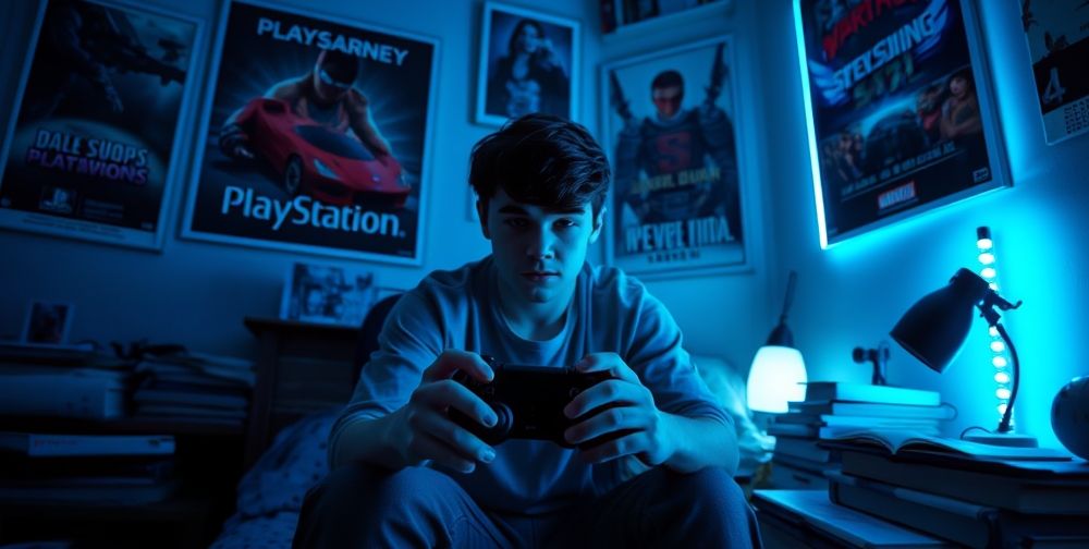A moody, artistic shot of a thoughtful teenage boy in a dimly lit bedroom, fingers lightly touching a PlayStation controller resting on his desk. Posters of iconic PlayStation games, soft blue neon lights, and books symbolize the blend of digital identity and personal growth.