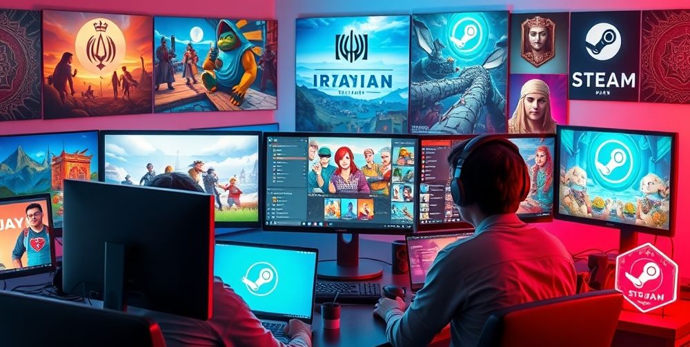 A collage of Iranian indie game covers displayed on computer screens, with gamers discussing strategies over Discord and images of Persian-themed Steam achievements, all under soft, neon-colored lighting to set a modern yet locally inspired scene.