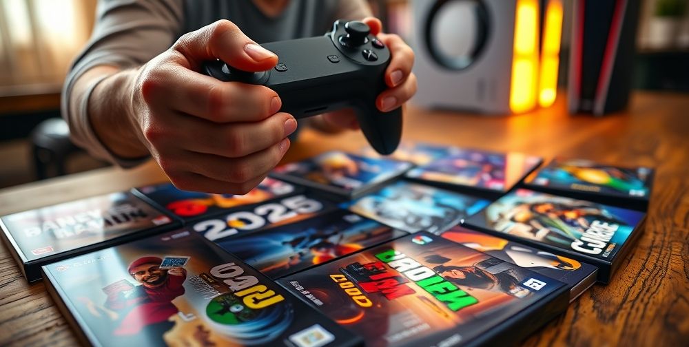 A close-up of a gamer’s hands holding a modern game controller, with various game covers from 2025 fanned out on a wooden desk, showcasing vibrant box art and next-gen consoles in the background.