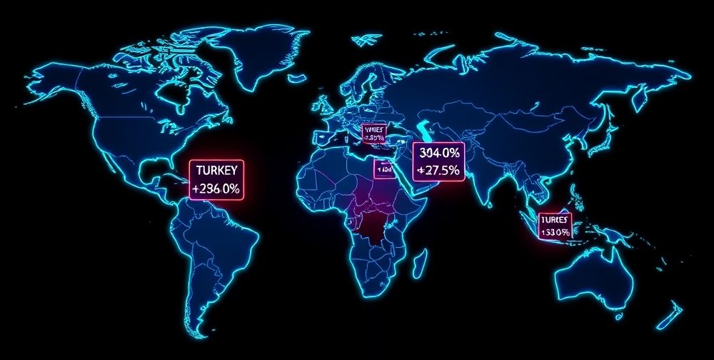 A digital map showing various countries highlighted, with Steam price tags and discount percentages hovering over Turkey, Argentina, and India, demonstrating regional price differences.
