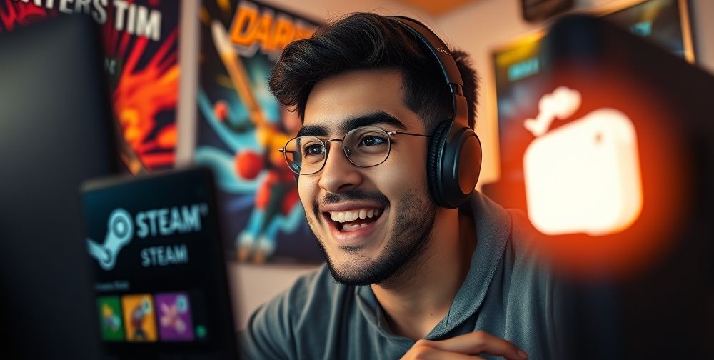 Close up of a young Iranian gamer happily viewing discount notifications on Steam, with colorful gaming posters in the background and a digital wallet icon showing increased balance.