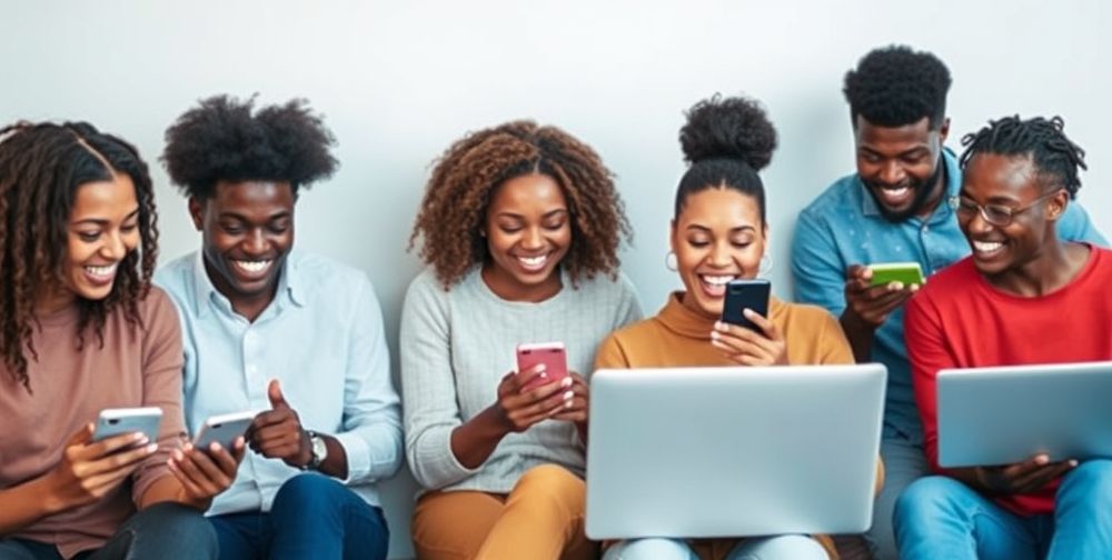 A contemporary scene showing a diverse group of people happily receiving and using digital gift cards on various devices – mobile phones, laptops, game consoles – highlighting inclusivity and the global reach of digital cards.
