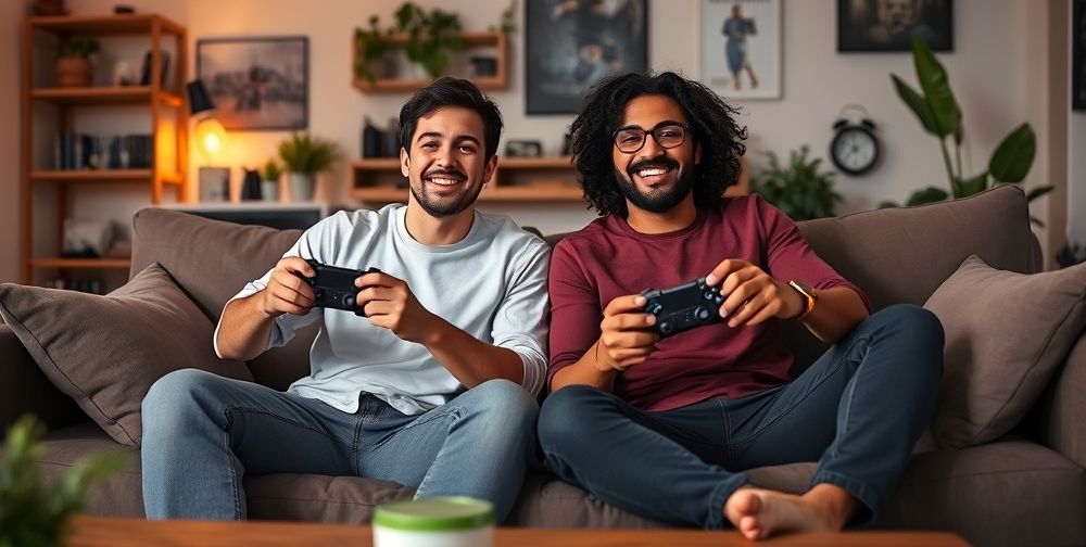A lively scene showing two friends on a modern couch, each holding an Xbox Series X controller, engrossed in multiplayer gaming. The living room has subtle gaming memorabilia, houseplants, and soft, natural lighting for a relatable at-home mood.