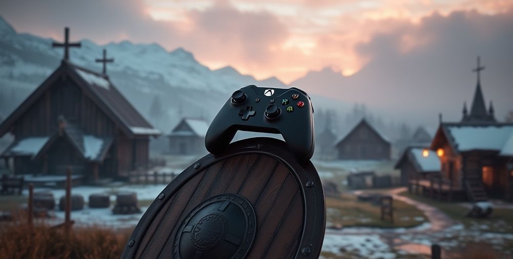A Nordic village scene at dawn from Assassin’s Creed Valhalla, with the Xbox Series X controller resting on a wooden Viking shield, snowy mountains in the distance, and atmospheric fog enhancing the mystical Norse environment.