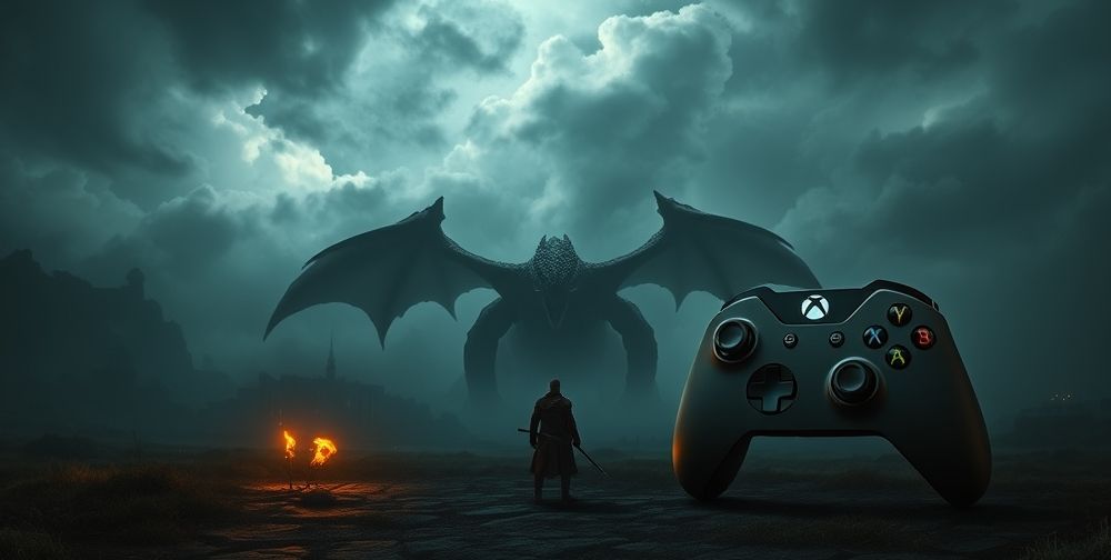 Epic fantasy landscape from Elden Ring: a lone warrior facing a colossal dragon under stormy skies, Xbox Series X controller illuminated by torchlight in the foreground, mysterious ruins covered in fog in the background.