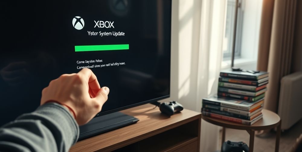 A close-up of hands updating Xbox system settings on a TV screen, with a clear on-screen progress bar. Various Xbox game covers and accessories neatly arranged on the side table. The ambiance is cozy, with daylight coming from a window.