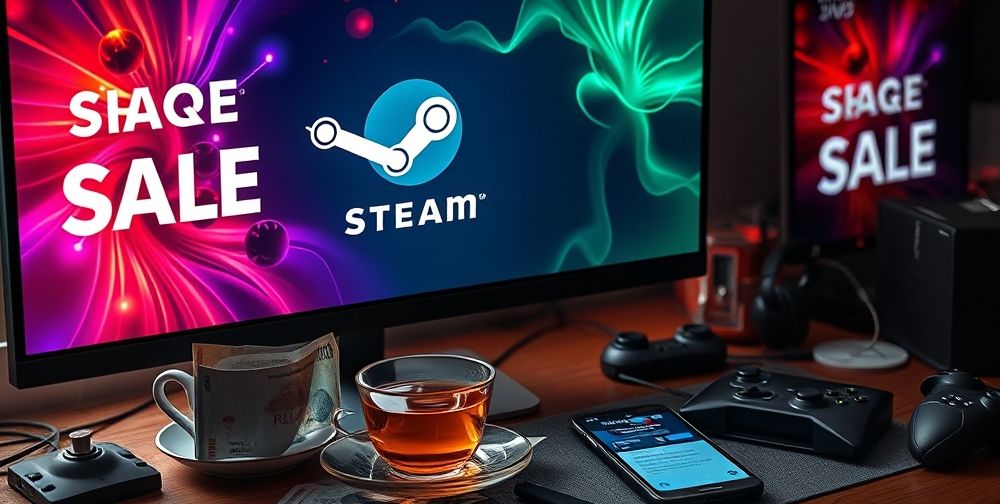 A close-up of a computer screen showing huge Steam sale banners in bright colors, with Iranian currency, a Persian teacup, and a mobile phone with notifications about game discounts among scattered gaming accessories.