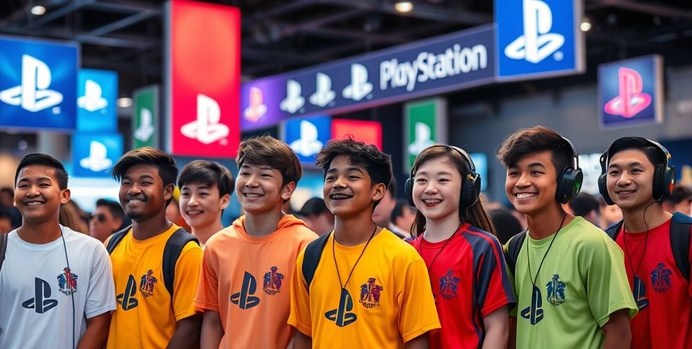 A multicultural group of teenagers gathered at a modern gaming event, various PlayStation banners in the background, each player wearing colorful esports jerseys, excitedly engaging in tournament play. Smiles, focused faces, and a sense of friendly competition fill the scene.