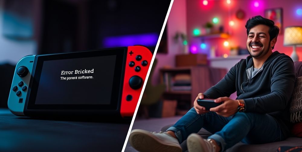 A split-screen, one half showing a Nintendo Switch bricked with an error message, the other half a happy gamer playing safely, emphasizing the risks of hacking versus security.