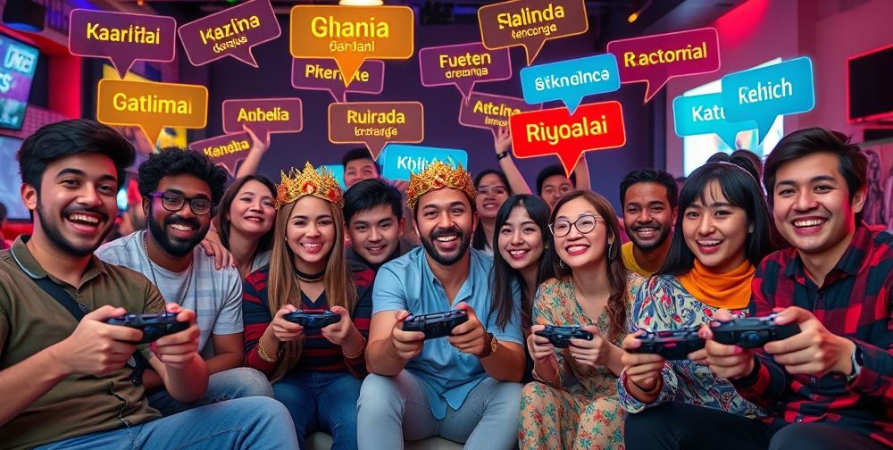 A diverse group of young men and women from different cultures happily playing video games together, with AI-generated text bubbles in multiple languages appearing above them, and digital avatars reflecting cultural attire