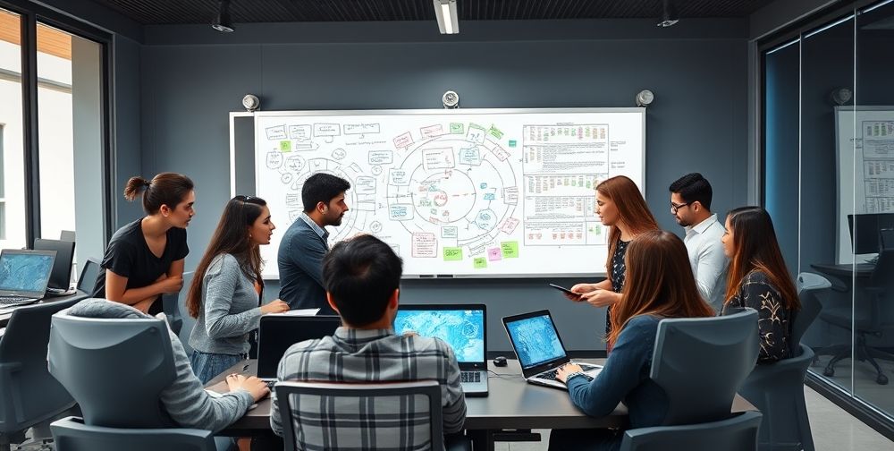 A group of Iranian university students, both male and female, gathered in a modern computer lab. They are brainstorming over a whiteboard filled with colorful sketches and flowcharts for a new video game. Some are coding, others are testing a game prototype on tablets and laptops. The scene conveys youthful energy, collaboration, and technological progress.