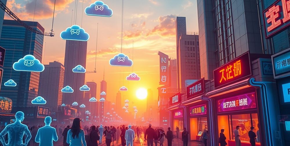 A futuristic digital cityscape at sunset, with holographic people playing immersive AR/VR video games, floating cloud gaming icons, and sleek AI-powered gaming hubs glowing in neon.