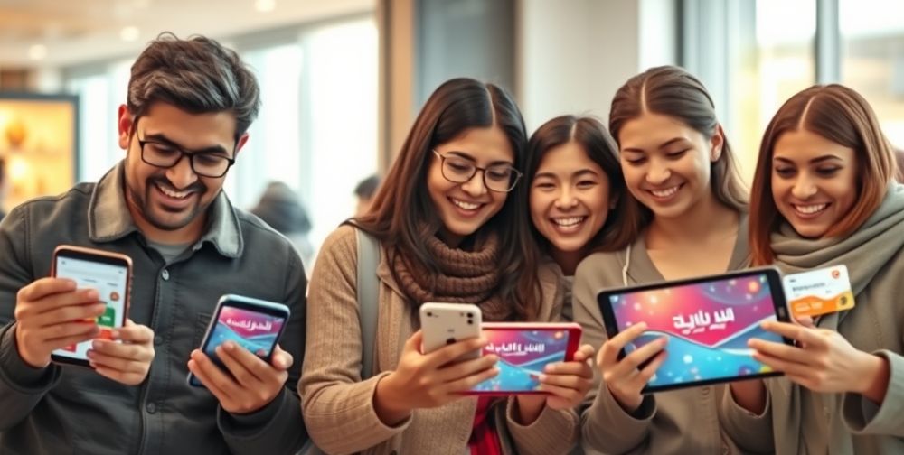 A realistic scene showing Iranian users using a variety of digital gift cards on popular app platforms, with visible Farsi interfaces, and diverse happy demographics interacting seamlessly.