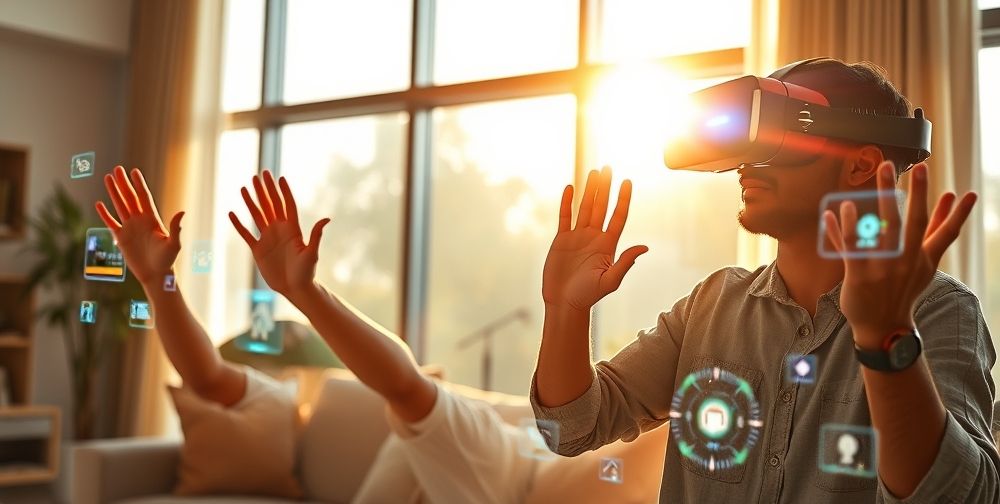 A vivid living room scene where two young Iranian gamers, wearing futuristic VR headsets, wave their hands energetically, surrounded by glowing holographic game menus and virtual objects, sunlight streaming through modern windows.