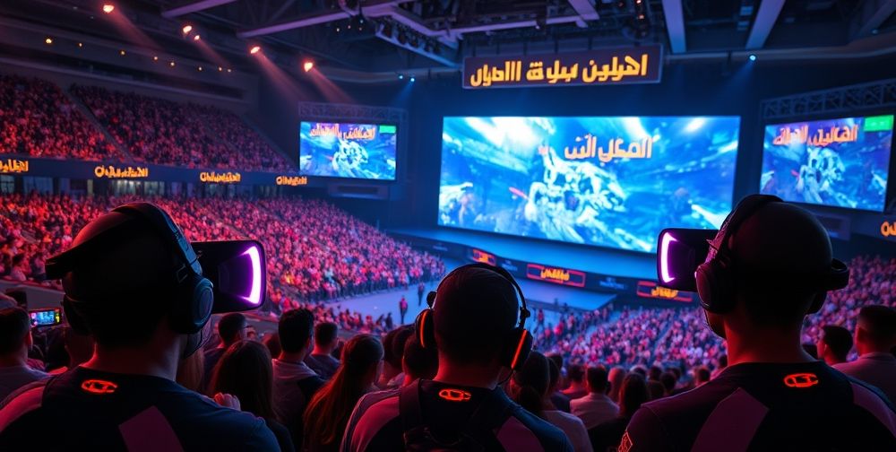 A futuristic esports arena with a Persian audience watching large holographic screens. Players wearing sleek VR headsets compete in a multiplayer fantasy game. The arena glows with ambient LED lighting and digital banners in Farsi.