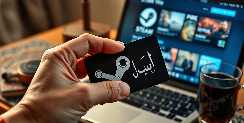 A close-up of a hand holding a Steam gift card, with Persian text visible on the card. In the background, a laptop screen shows the Steam storefront in Persian language interface, surrounded by cultural icons like a Persian patterned notebook and a glass of black tea.