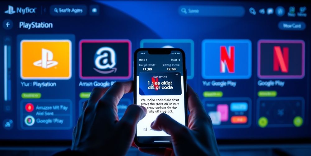 A digital dashboard with app icons for PlayStation, Amazon, Google Play, and Netflix, each showing a digital gift card symbol. Hands using a phone to redeem a code with a clear step-by-step guide on the screen.