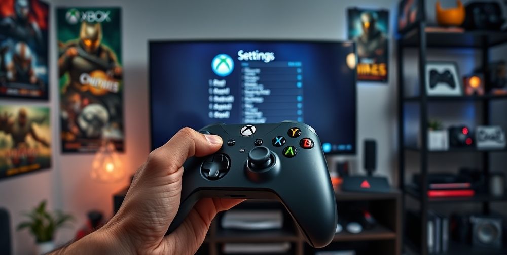 A close-up of hands holding an Xbox controller, with the TV in the background showing the Xbox system settings menu. The room contains posters of popular games and shelves with accessories, illustrating a typical gamer ambiance.