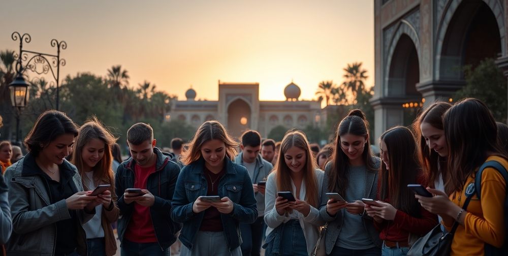 An atmospheric evening in an urban park: a group of young people socialize, some are glued to their phones playing online games, while others laugh and chat, visually contrasting social and solitary behaviors. Persian architecture is subtly visible in the background.