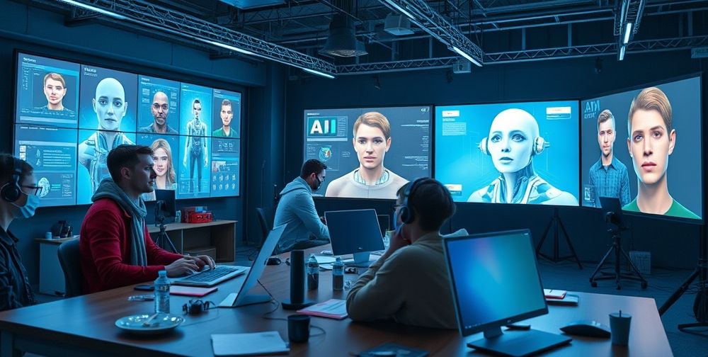 A hyper-realistic digital workshop showing game designers collaborating with advanced AI models, massive screens displaying evolving character designs, and 3D avatars reflecting lifelike facial expressions in a creative studio atmosphere.