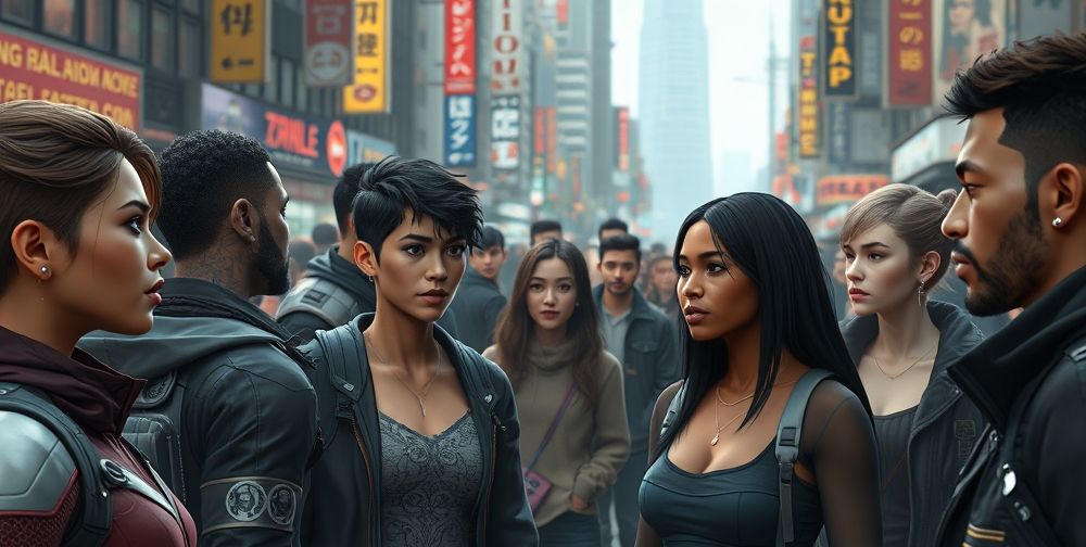 An immersive in-game scene with a diverse cast of virtual characters, each with distinct natural facial features and clothing, interacting emotionally with players in a bustling cyberpunk city square.