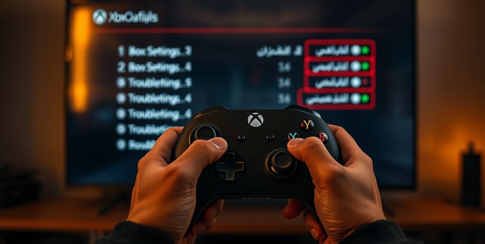 A close-up of hands holding an Xbox controller in front of a TV, the screen shows settings and troubleshooting menus in Persian language, with subtle reflections and alert icons for errors to guide users visually.